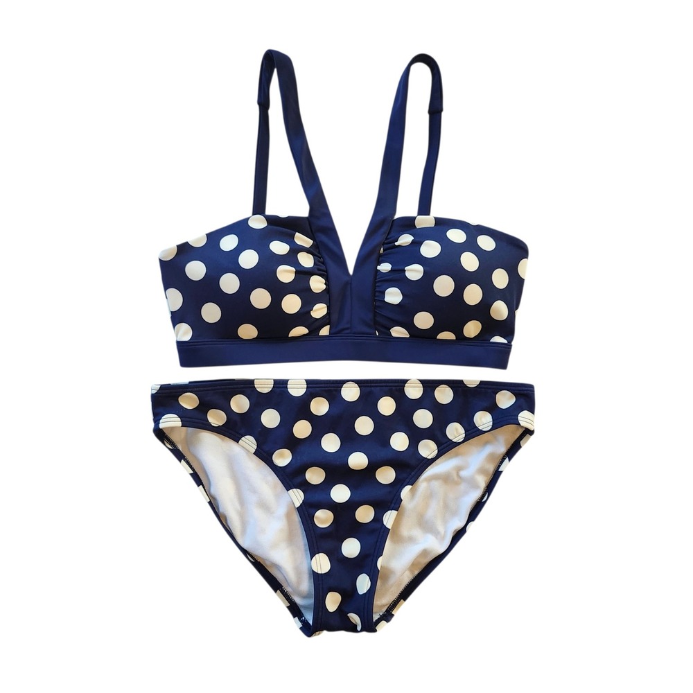 Boden Navy Blue White Polka Dot Bikini 2 piece Swimsuit Set V-Neck Padded Size 6